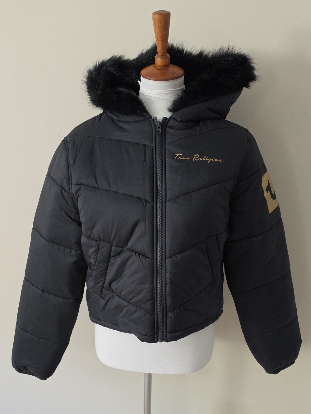 True Religion Jet Black Chevron Fur Black Puffer Jacket Brand New Full Zip